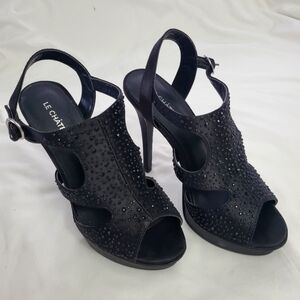 Le Chateau Black Satin Rhinestone Peep Toe Platform Heels Women's Size 7